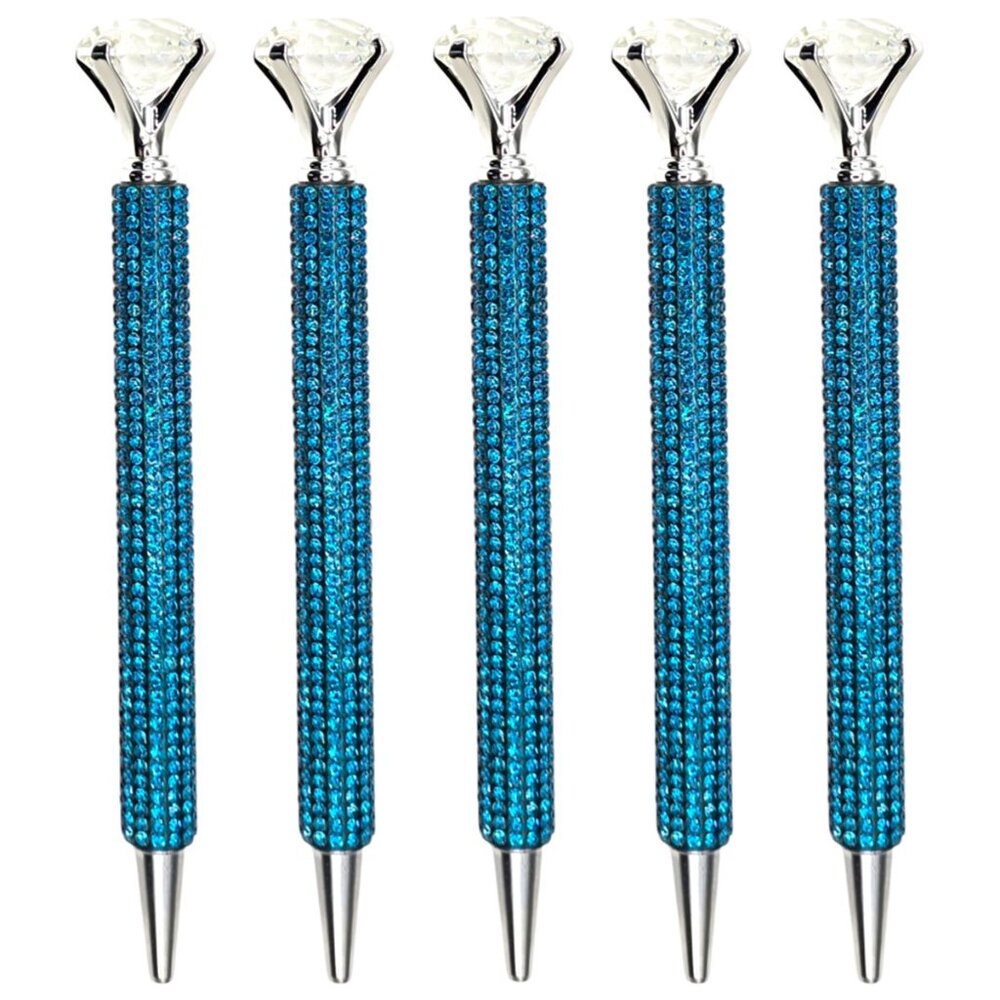 🟢 5️⃣ Pack Bling Rhinestone Crown Teal Ballpoint Pens